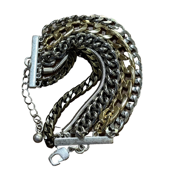 Jenny Byrd Multi Chain Bracelet Silver Gold Bronze Mixed Metal Statement Jewelry - Picture 5 of 5